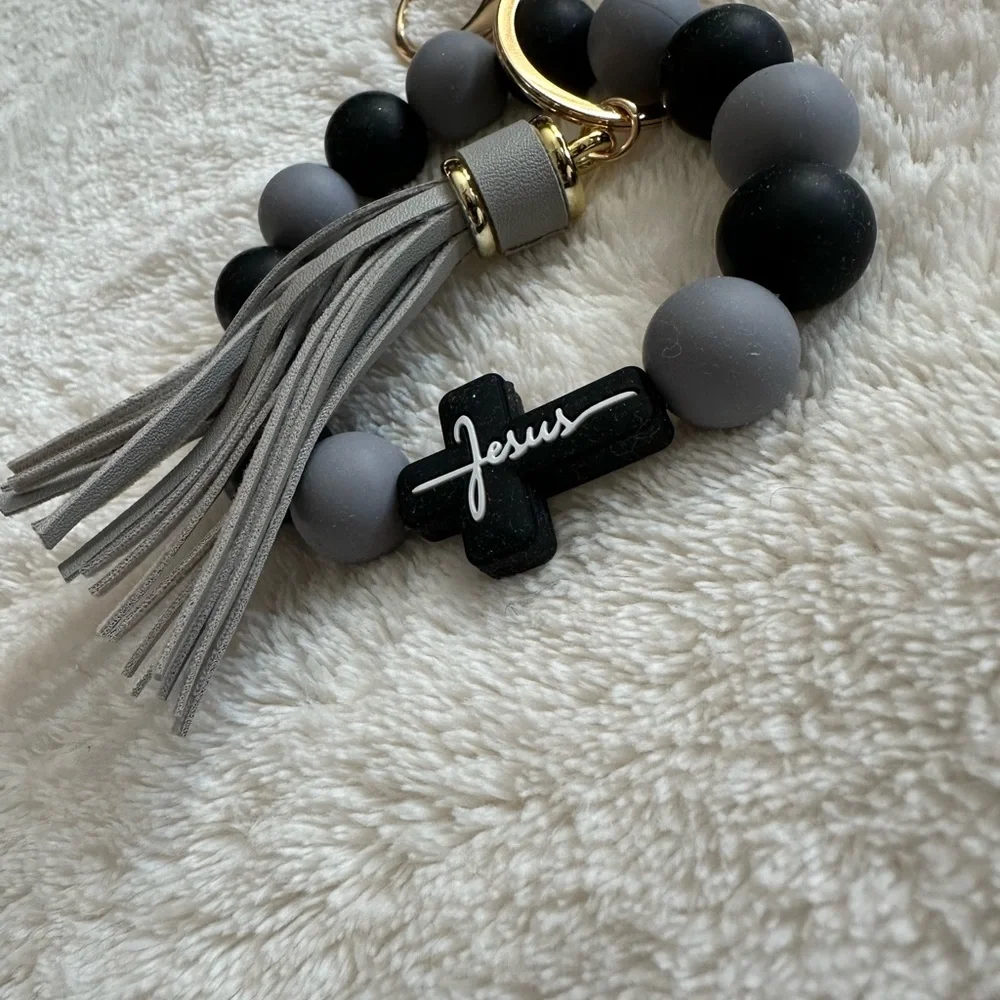 Wristlet Keychain Jesus Cross Tassel Black & Gray Beaded Keychain Bracelet NWT